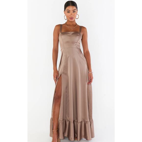 NWT SMY MuMu Size Medium Clarissa Corset Dress Dune Luxe Satin Brown Wedding - Picture 3 of 11